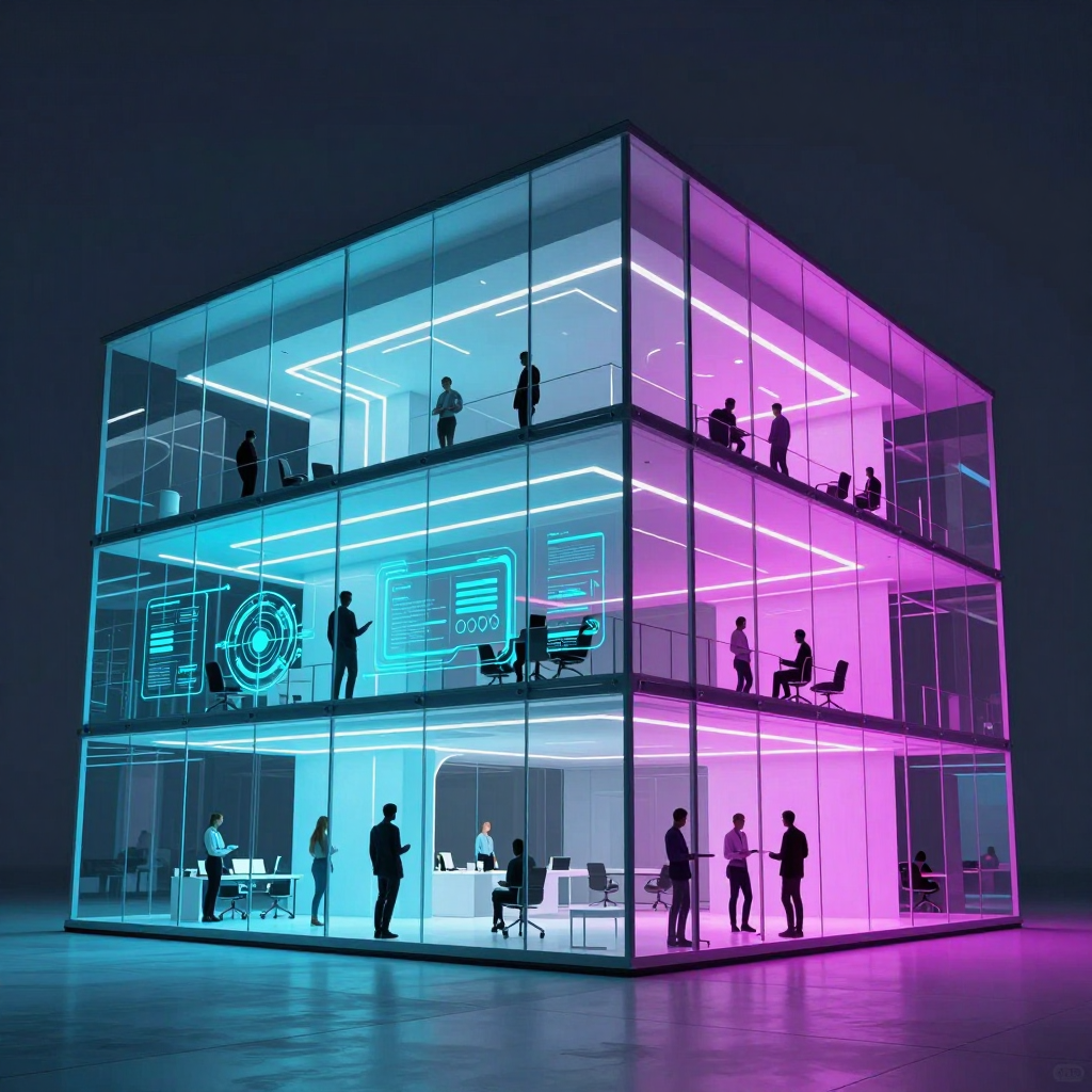 Edificio Cognitivo de CYRA iluminado en cian y magenta